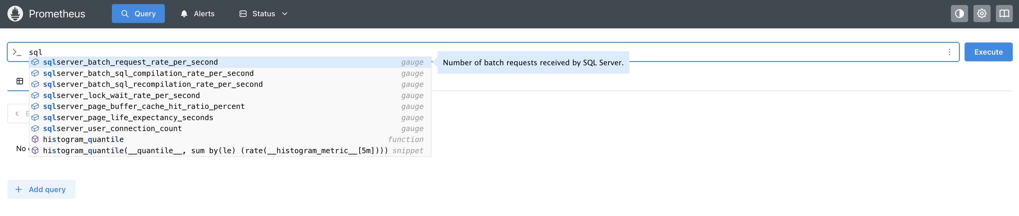 Prometheus dashboard showing SQL Server metrics